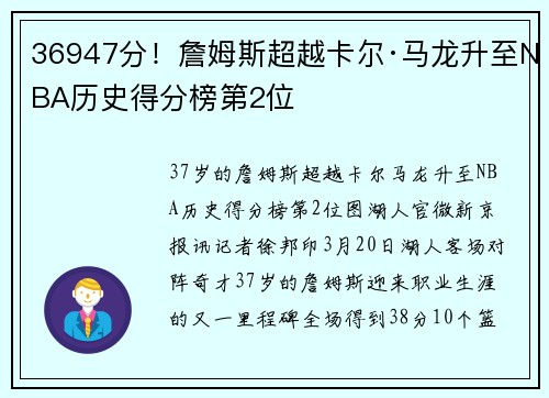 36947分！詹姆斯超越卡尔·马龙升至NBA历史得分榜第2位