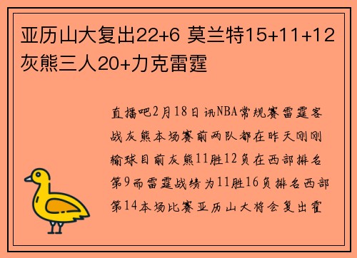 亚历山大复出22+6 莫兰特15+11+12 灰熊三人20+力克雷霆