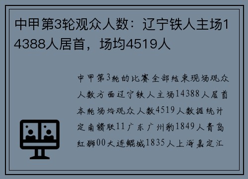 中甲第3轮观众人数：辽宁铁人主场14388人居首，场均4519人