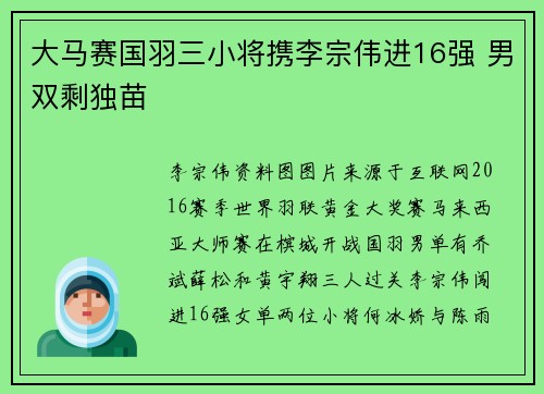 大马赛国羽三小将携李宗伟进16强 男双剩独苗