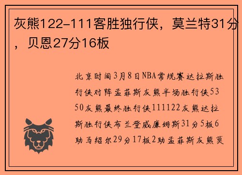 灰熊122-111客胜独行侠，莫兰特31分，贝恩27分16板