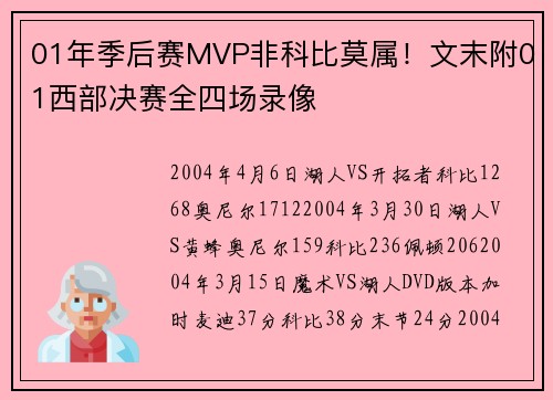 01年季后赛MVP非科比莫属！文末附01西部决赛全四场录像