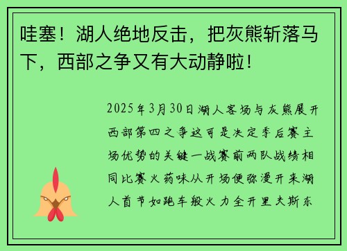 哇塞！湖人绝地反击，把灰熊斩落马下，西部之争又有大动静啦！
