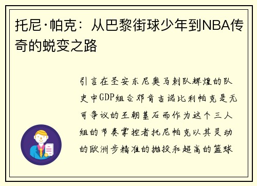 托尼·帕克：从巴黎街球少年到NBA传奇的蜕变之路